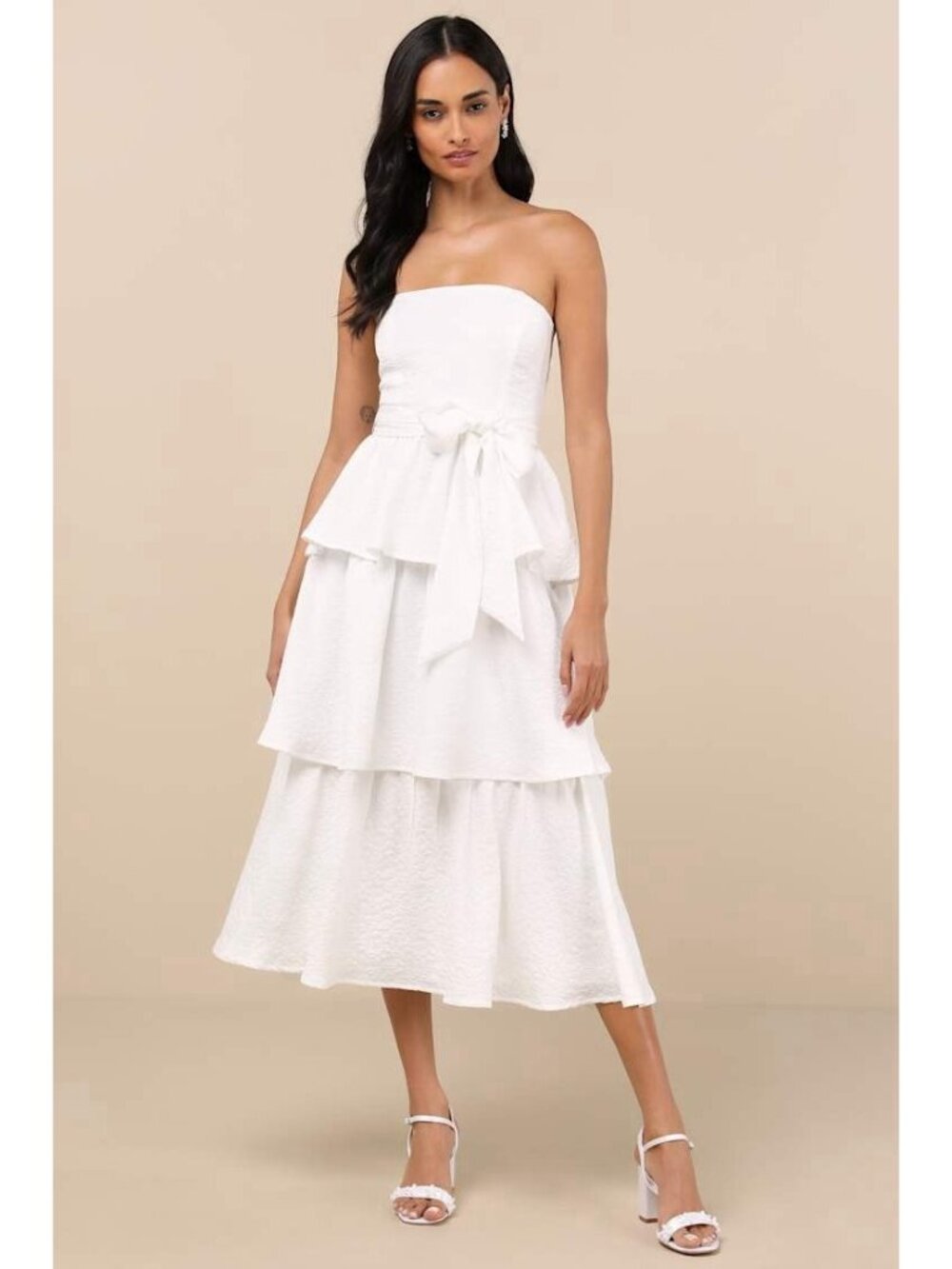 Lulus Truly Marvelous Midi Dress Sz Small White Jacquard Strapless Tiered Belted - Picture 4 of 7